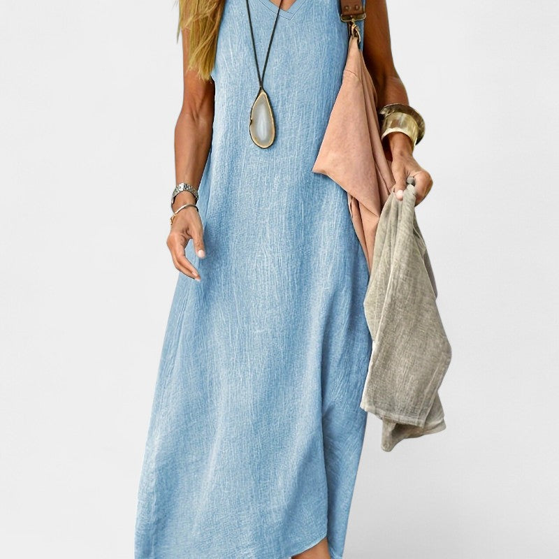 Gleame.-Jurken & Jumpsuits-Gleame Jurk - V-hals tankjurk van zacht linnenblend