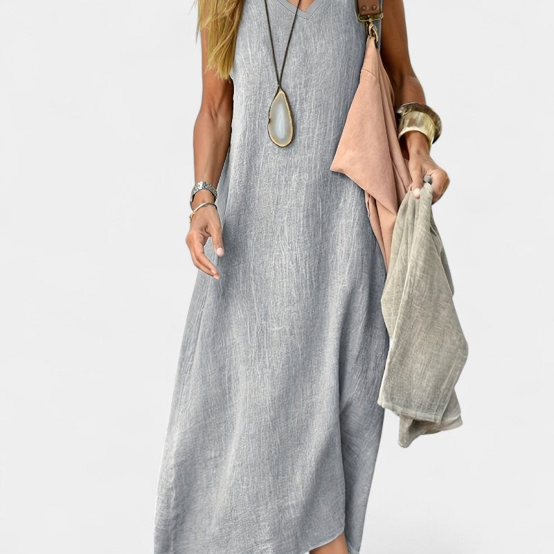 Gleame.-Jurken & Jumpsuits-Gleame Jurk - V-hals tankjurk van zacht linnenblend