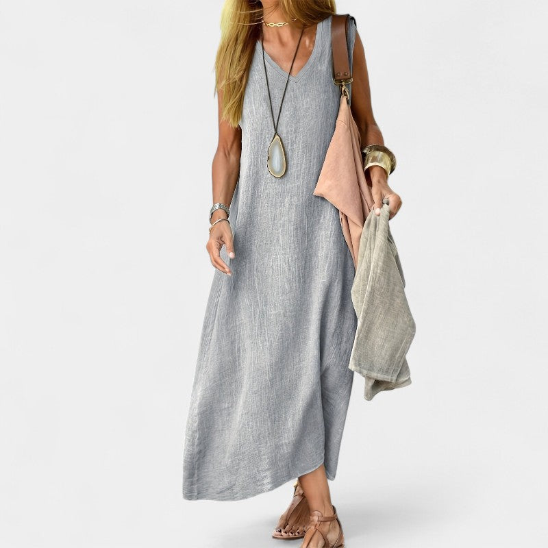 Gleame.-Jurken & Jumpsuits-Gleame Jurk - V-hals tankjurk van zacht linnenblend