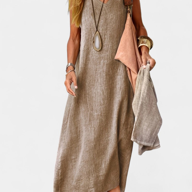 Gleame.-Jurken & Jumpsuits-Gleame Jurk - V-hals tankjurk van zacht linnenblend