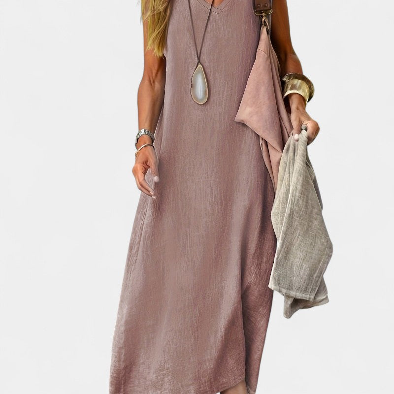 Gleame.-Jurken & Jumpsuits-Gleame Jurk - V-hals tankjurk van zacht linnenblend