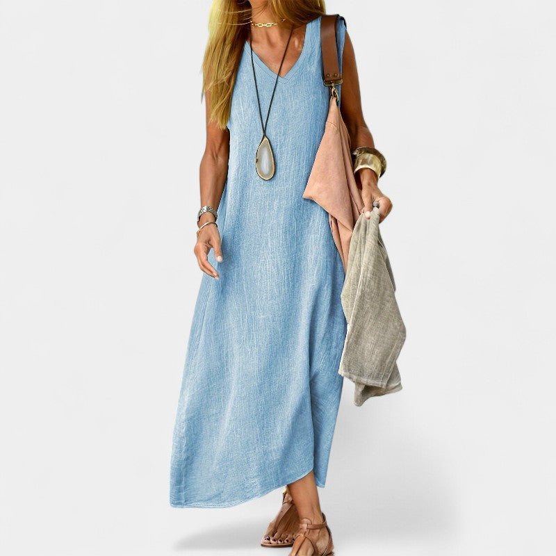 Gleame.-Jurken & Jumpsuits-Gleame Jurk - V-hals tankjurk van zacht linnenblend