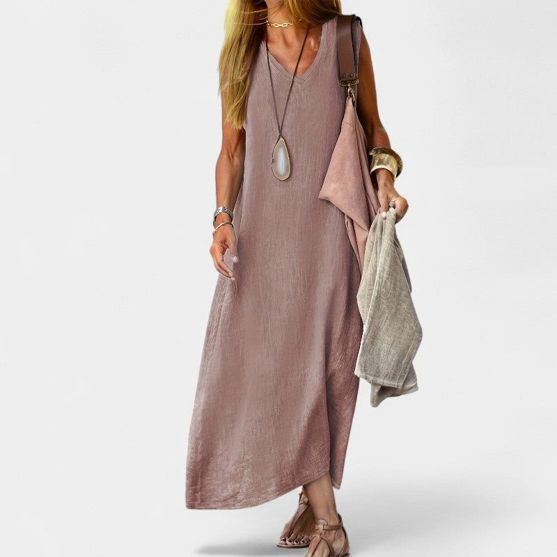 Gleame.-Jurken & Jumpsuits-Gleame Jurk - V-hals tankjurk van zacht linnenblend