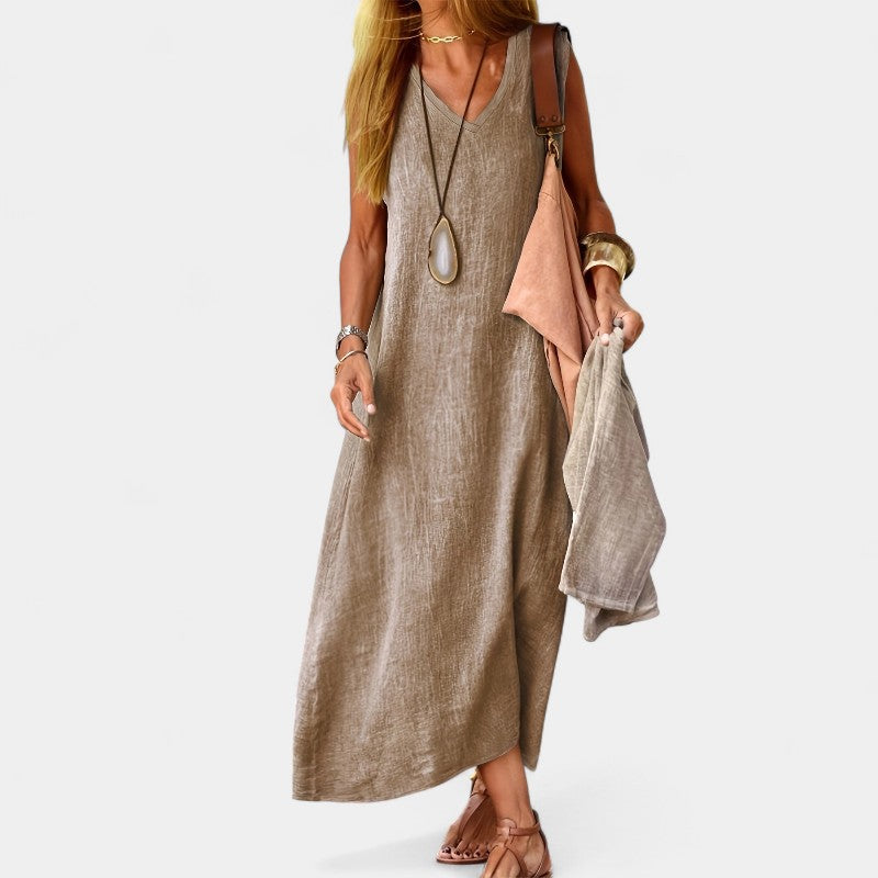 Gleame.-Jurken & Jumpsuits-Gleame Jurk - V-hals tankjurk van zacht linnenblend