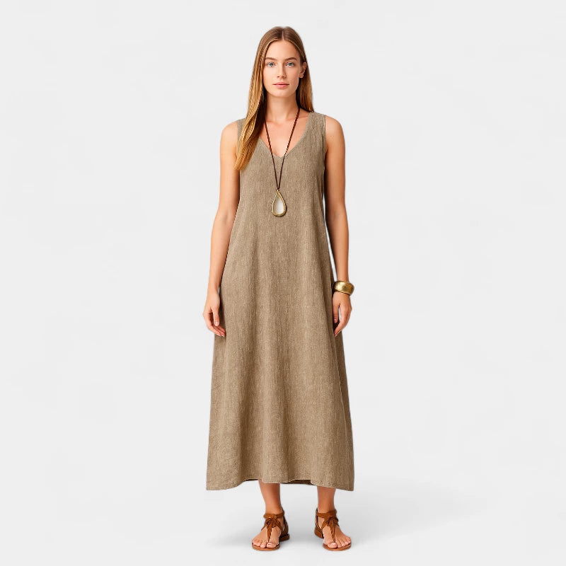 Gleame.-Jurken & Jumpsuits-Gleame Jurk - V-hals tankjurk van zacht linnenblend