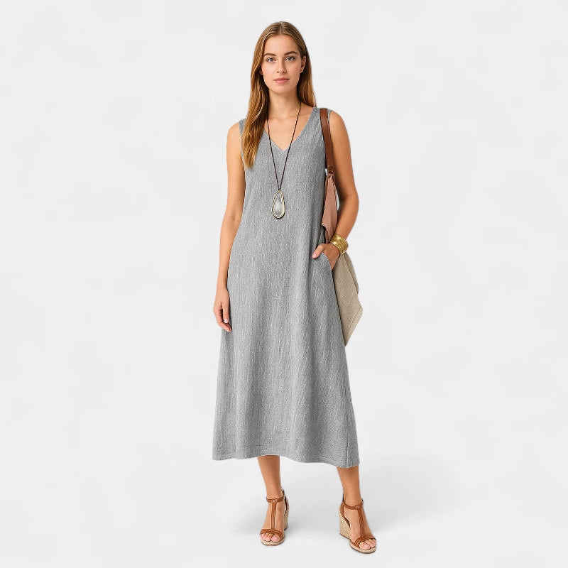 Gleame.-Jurken & Jumpsuits-Gleame Jurk - V-hals tankjurk van zacht linnenblend
