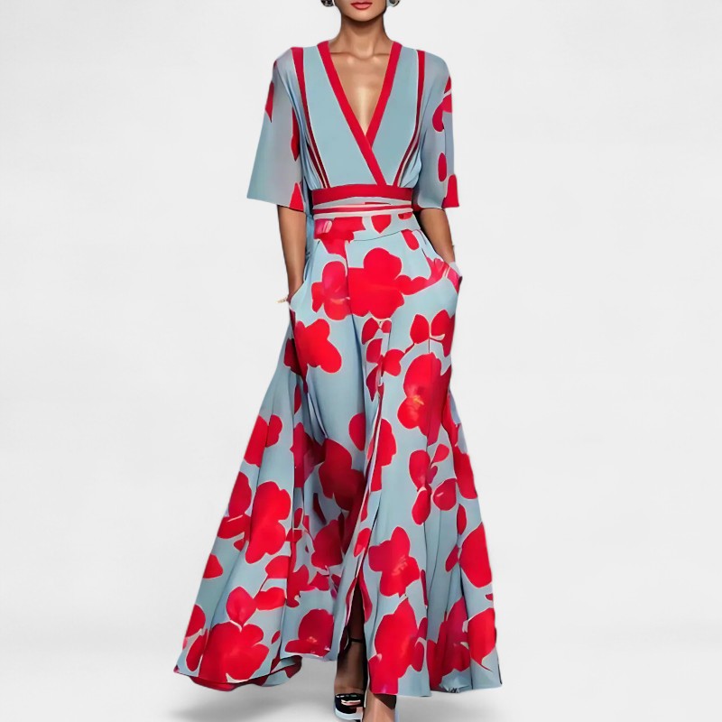 Gleame.-Jurken & Jumpsuits-Gleame Jurk - V-neck floral jurk met elegante pasvorm