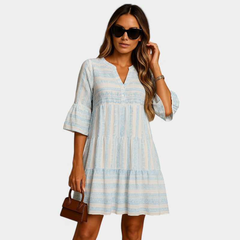 Gleame.-Jurken & Jumpsuits-Gleame Jurk - Vriendelijke ruffle mini jurk met V-hals en strepen