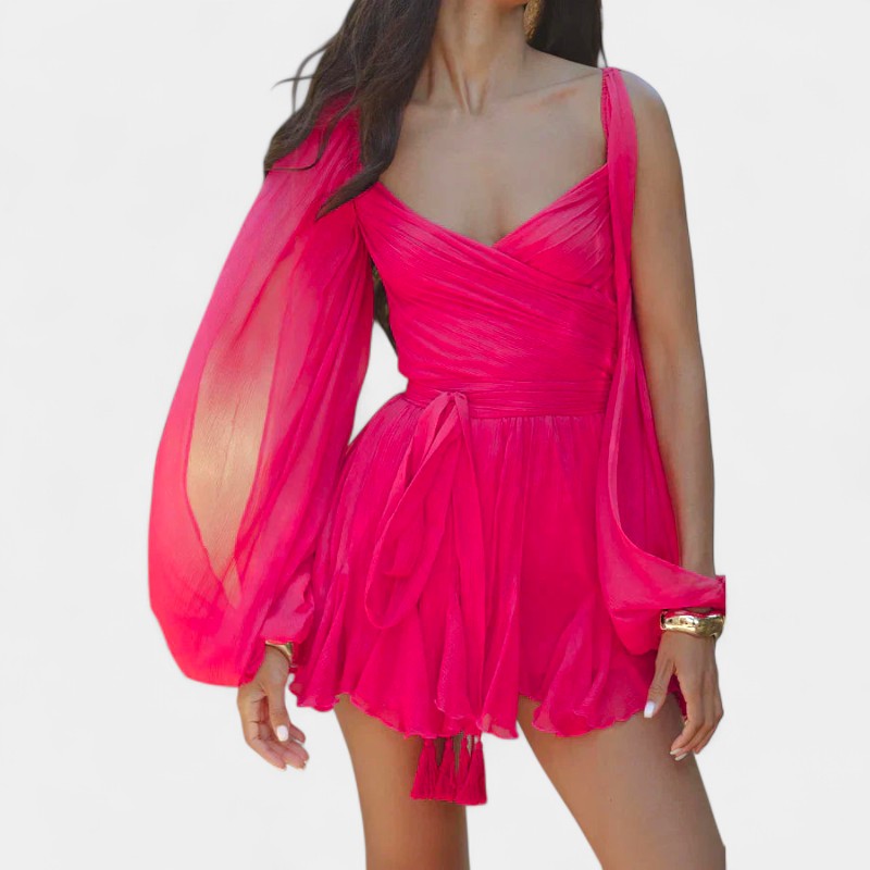 Gleame.-Jurken & Jumpsuits-Gleame Jurk - Vrouwelijke korte jurk met V-hals en lange mouwen