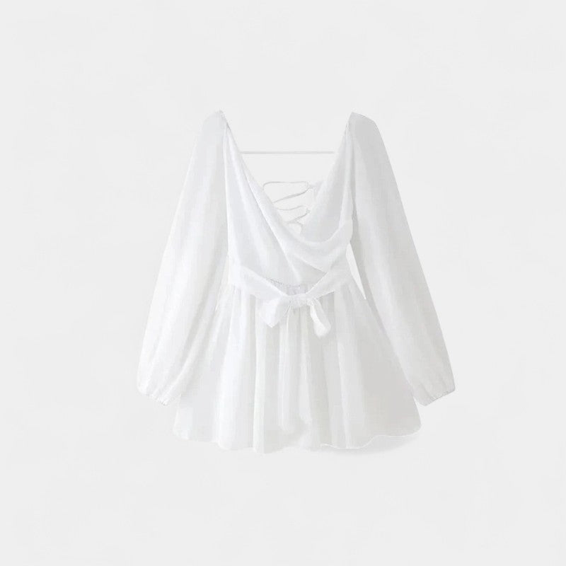 Gleame.-Jurken & Jumpsuits-Gleame Jurk - Vrouwelijke korte jurk met V-hals en lange mouwen