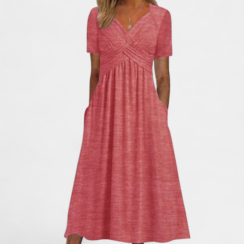 Gleame.-Jurken & Jumpsuits-Gleame Jurk - Vrouwelijke lange jurk met korte mouwen in effen kleuren