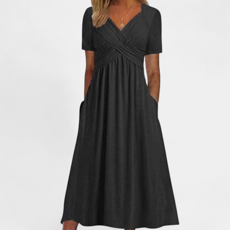 Gleame.-Jurken & Jumpsuits-Gleame Jurk - Vrouwelijke lange jurk met korte mouwen in effen kleuren