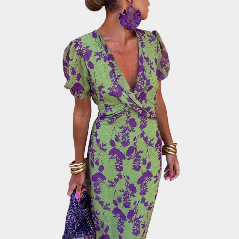 Gleame.-Jurken & Jumpsuits-Gleame Lange jurk - Elegante lange jurk met korte mouwen en bloemenprint