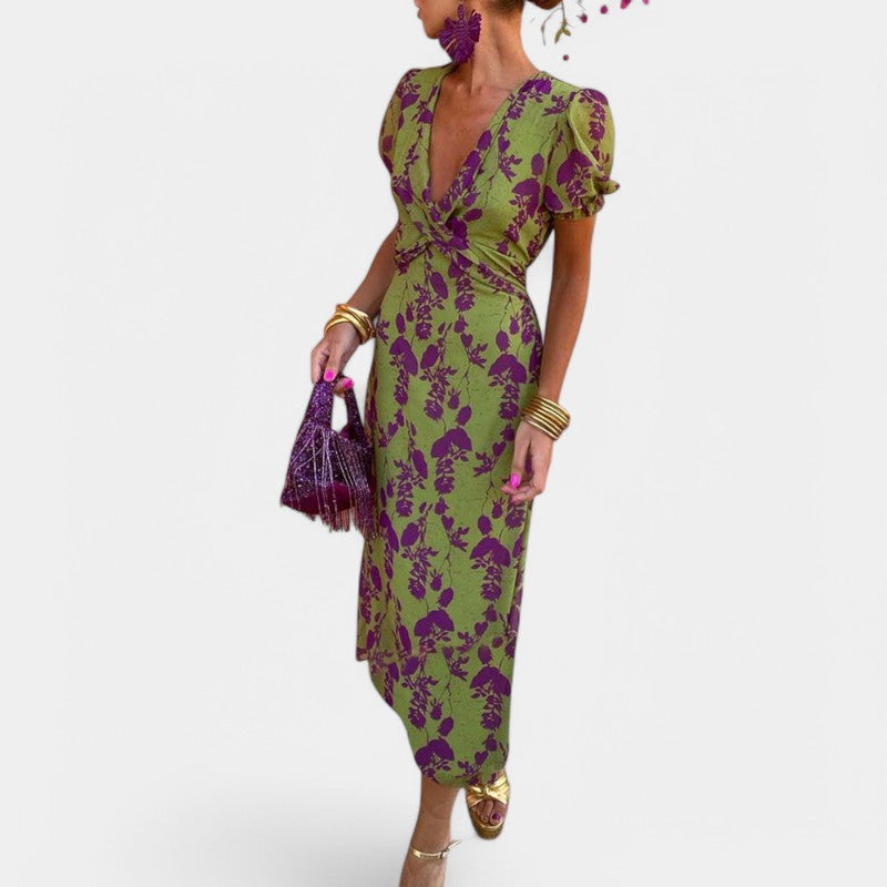 Gleame.-Jurken & Jumpsuits-Gleame Lange jurk - Elegante lange jurk met korte mouwen en bloemenprint