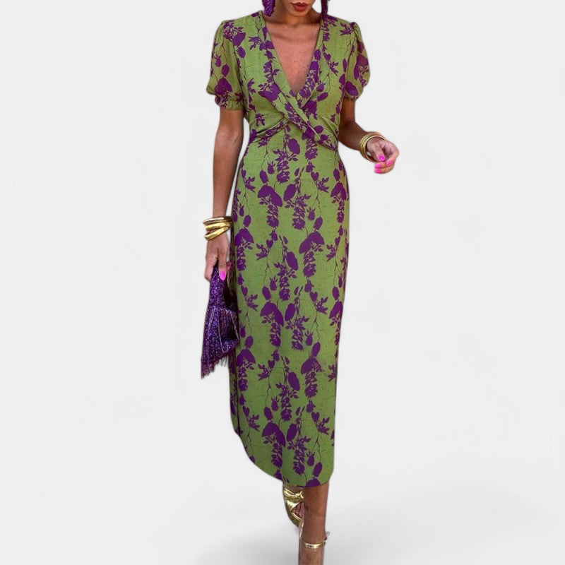 Gleame.-Jurken & Jumpsuits-Gleame Lange jurk - Elegante lange jurk met korte mouwen en bloemenprint