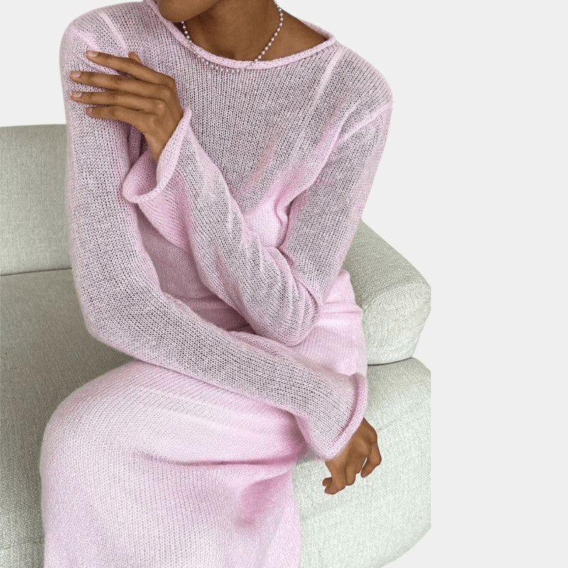 Gleame Maxi Jurk - Vrouwelijke gebreide casual set van lange jurk en trui