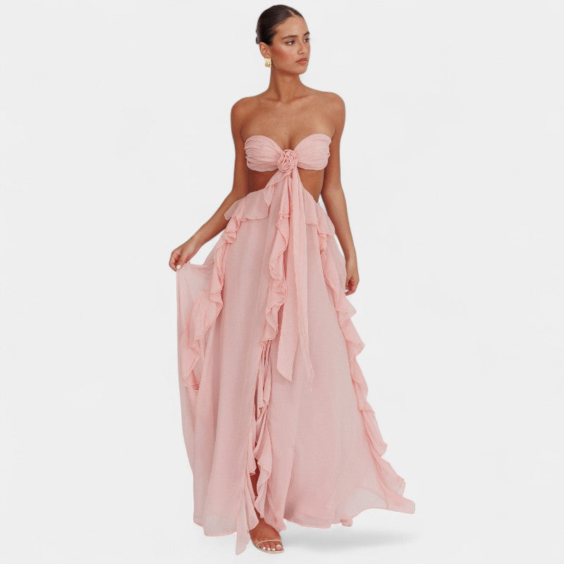 Gleame.-Jurken & Jumpsuits-Gleame Maxi Ruffles Jurk - Elegante jurk zonder rug met vloeiende ruches