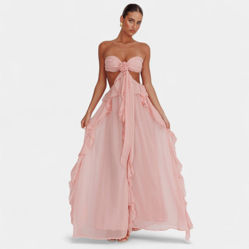 Gleame.-Jurken & Jumpsuits-Gleame Maxi Ruffles Jurk - Elegante jurk zonder rug met vloeiende ruches