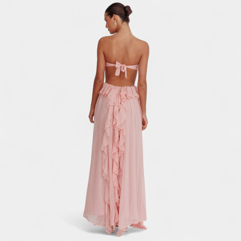 Gleame.-Jurken & Jumpsuits-Gleame Maxi Ruffles Jurk - Elegante jurk zonder rug met vloeiende ruches