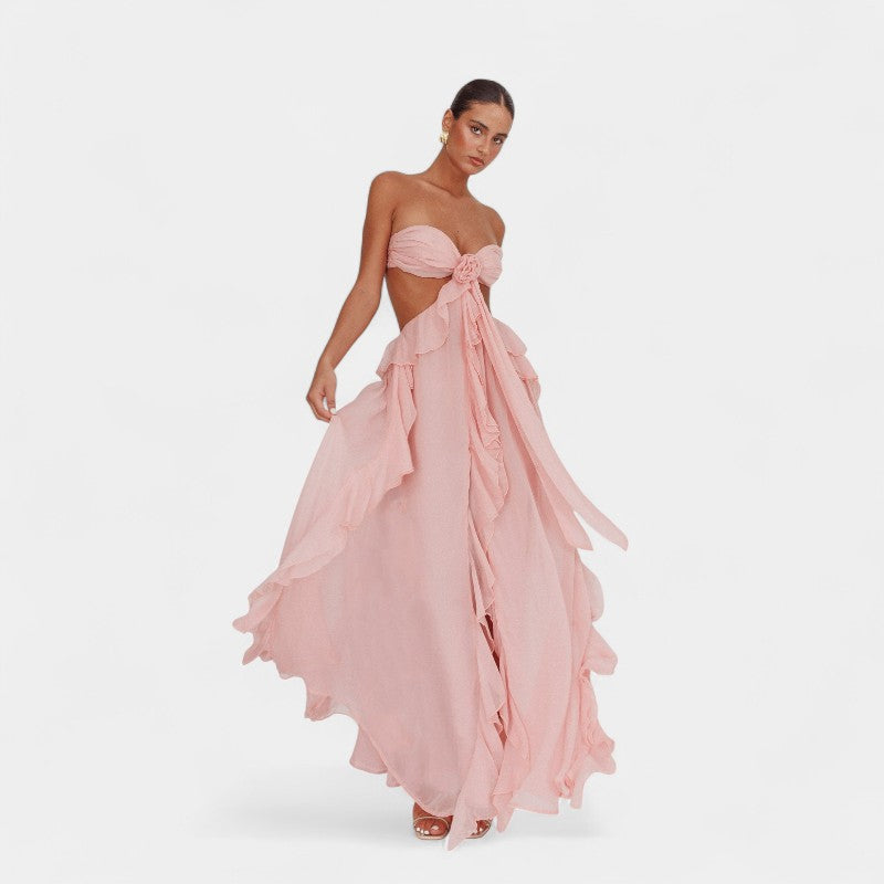 Gleame.-Jurken & Jumpsuits-Gleame Maxi Ruffles Jurk - Elegante jurk zonder rug met vloeiende ruches