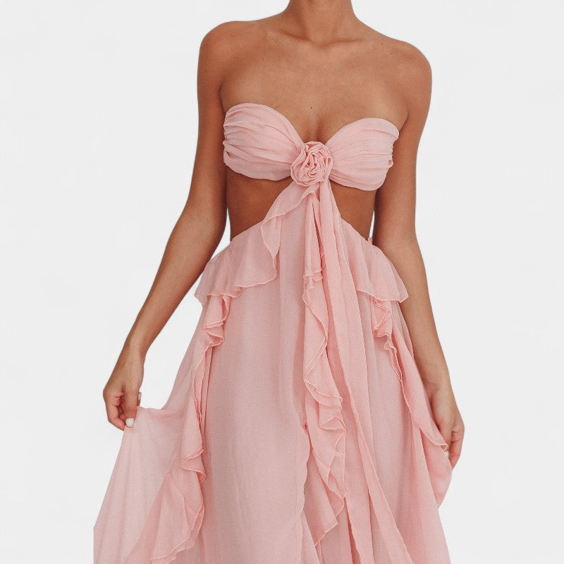 Gleame.-Jurken & Jumpsuits-Gleame Maxi Ruffles Jurk - Elegante jurk zonder rug met vloeiende ruches