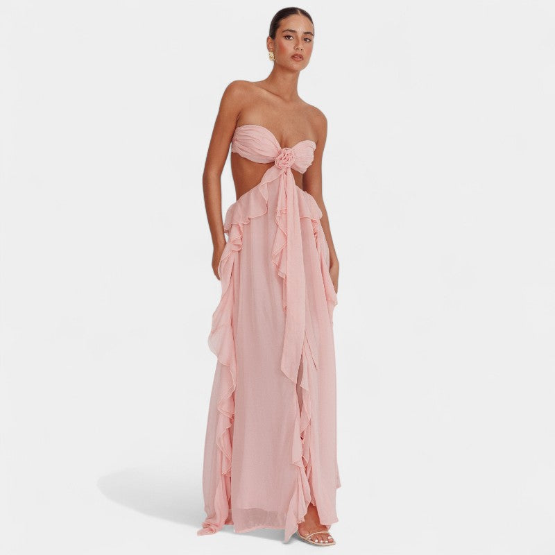 Gleame.-Jurken & Jumpsuits-Gleame Maxi Ruffles Jurk - Elegante jurk zonder rug met vloeiende ruches