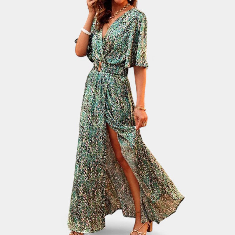 Gleame.-Jurken & Jumpsuits-Gleame Maxi jurk - Bohemian V-neck met split in de riem