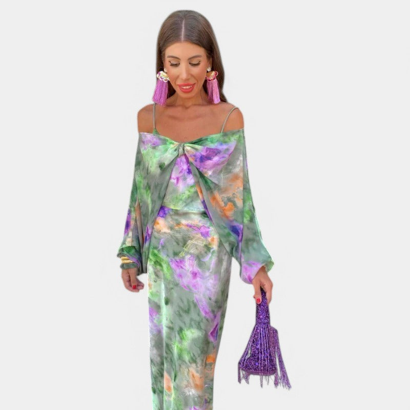 Gleame.-Jurken & Jumpsuits-Gleame Maxi jurk - Elegant kleurrijke maxi dress met afneembare sjaal