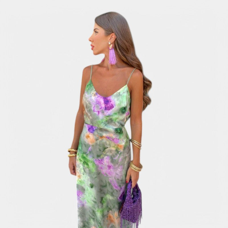 Gleame.-Jurken & Jumpsuits-Gleame Maxi jurk - Elegant kleurrijke maxi dress met afneembare sjaal