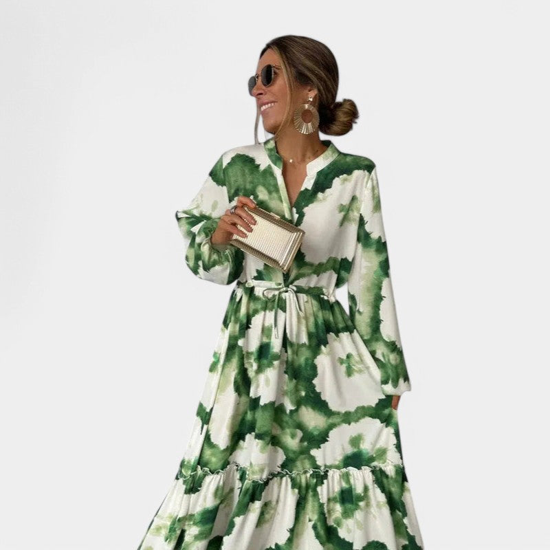 Gleame.-Jurken & Jumpsuits-Gleame Maxi jurk - Lange mouwen met V-hals, elegante flowy stijl