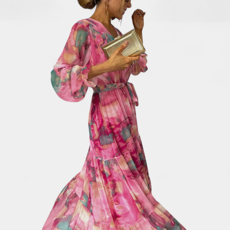 Gleame.-Jurken & Jumpsuits-Gleame Maxi jurk - V-hals lange mouwen voor elke gelegenheid