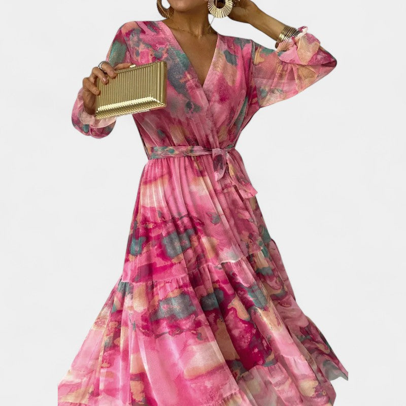 Gleame.-Jurken & Jumpsuits-Gleame Maxi jurk - V-hals lange mouwen voor elke gelegenheid