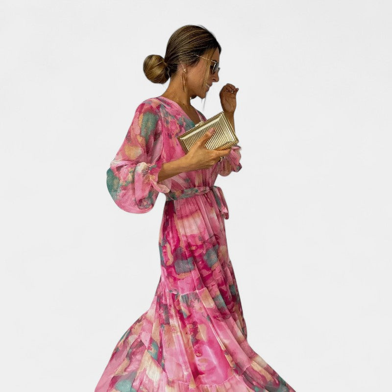 Gleame.-Jurken & Jumpsuits-Gleame Maxi jurk - V-hals lange mouwen voor elke gelegenheid