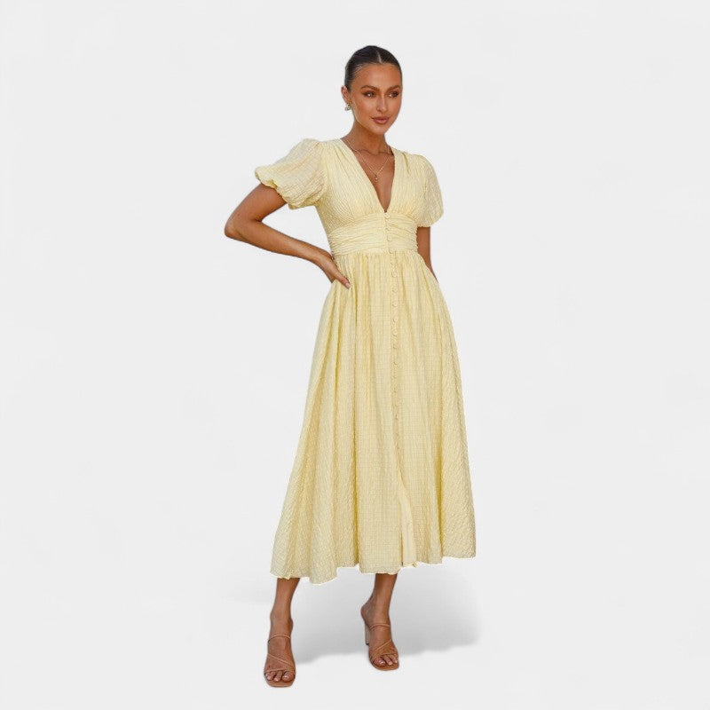Gleame Lange Jurk Maxi dress met V-hals in pastelkleuren