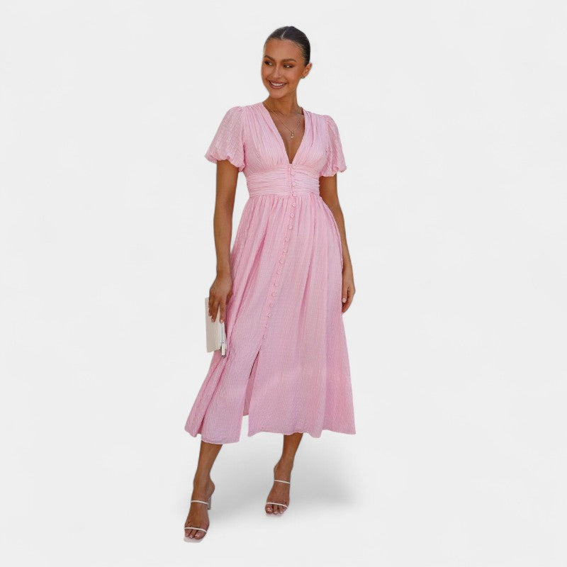 Gleame.-Jurken & Jumpsuits-Gleame Maxi jurk - V-hals maxi jurk voor dames in trendy kleuren