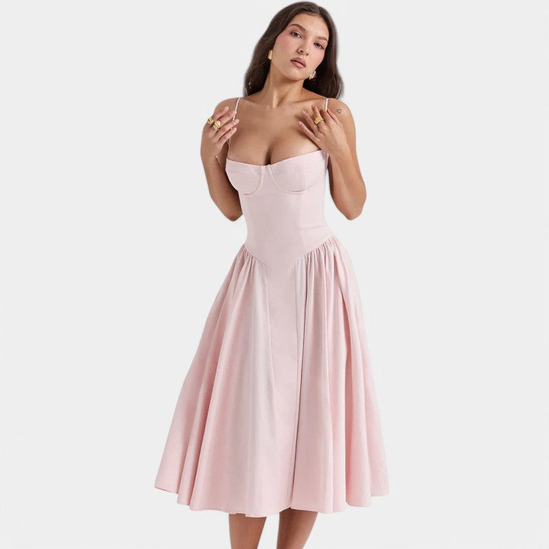 Gleame.-Jurken & Jumpsuits-Gleame Midi-jurk - Elegante spaghetti strap met fit and flare design