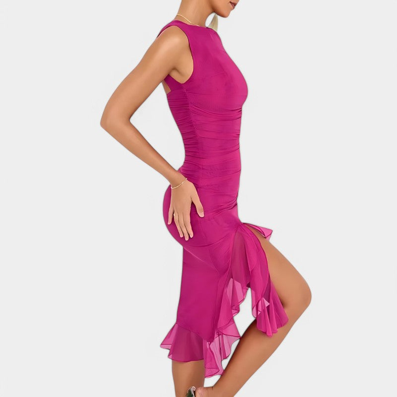 Gleame.-Jurken & Jumpsuits-Gleame Midi jurk - Elegante rimpel jurk voor feesten en zomer