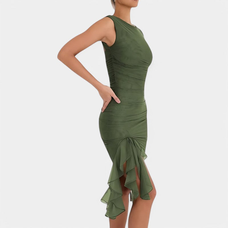 Gleame.-Jurken & Jumpsuits-Gleame Midi jurk - Elegante rimpel jurk voor feesten en zomer