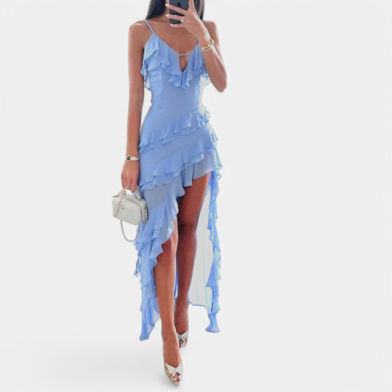 Gleame.-Jurken & Jumpsuits-Gleame Midi-jurk - Elegante midi-jurk met ruches en V-hals