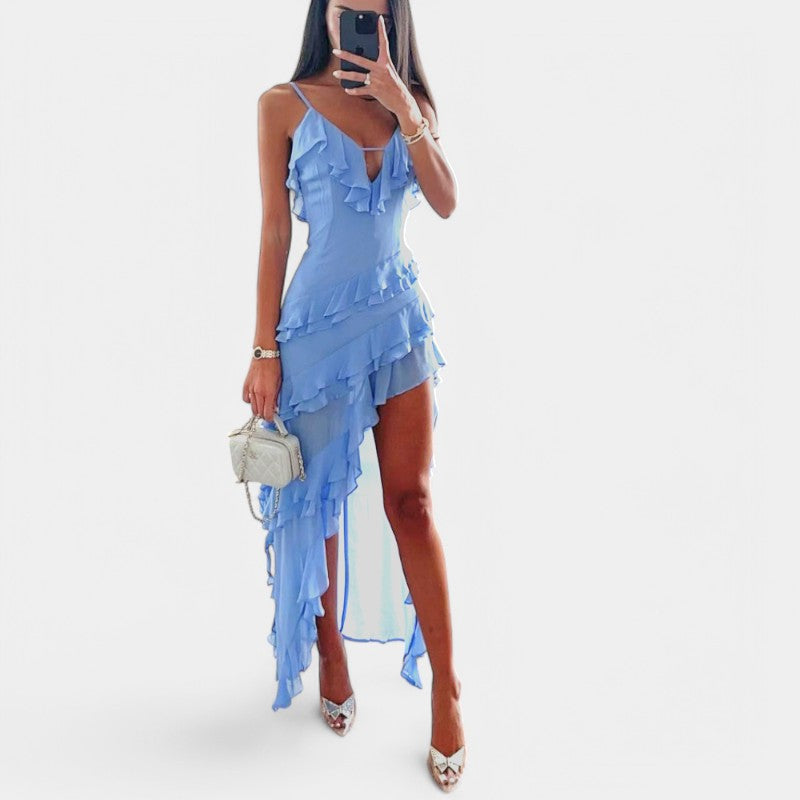 Gleame.-Jurken & Jumpsuits-Gleame Midi-jurk - Elegante midi-jurk met ruches en V-hals