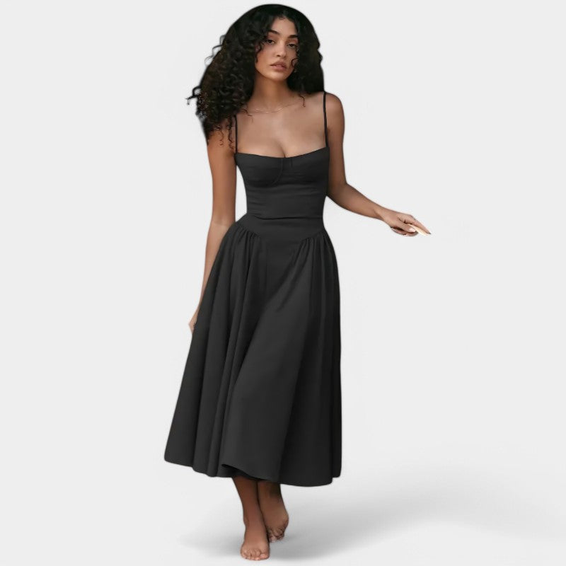 Gleame.-Jurken & Jumpsuits-Gleame Midi-jurk - Elegante spaghetti strap met fit and flare design