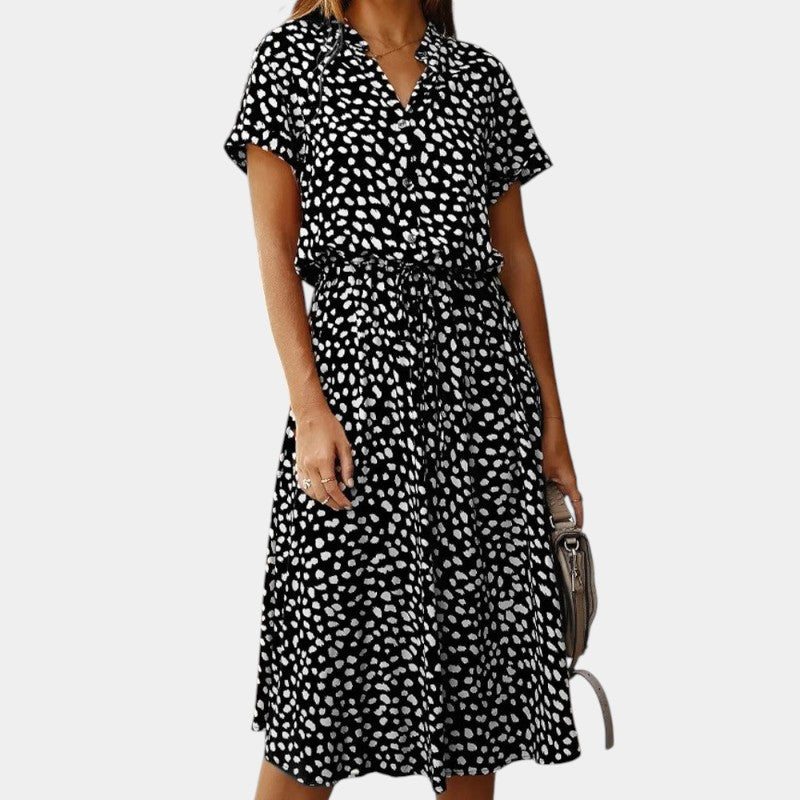 Gleame.-Jurken & Jumpsuits-Gleame Midi-jurk - Relaxed fit met V-hals en stippenpatroon