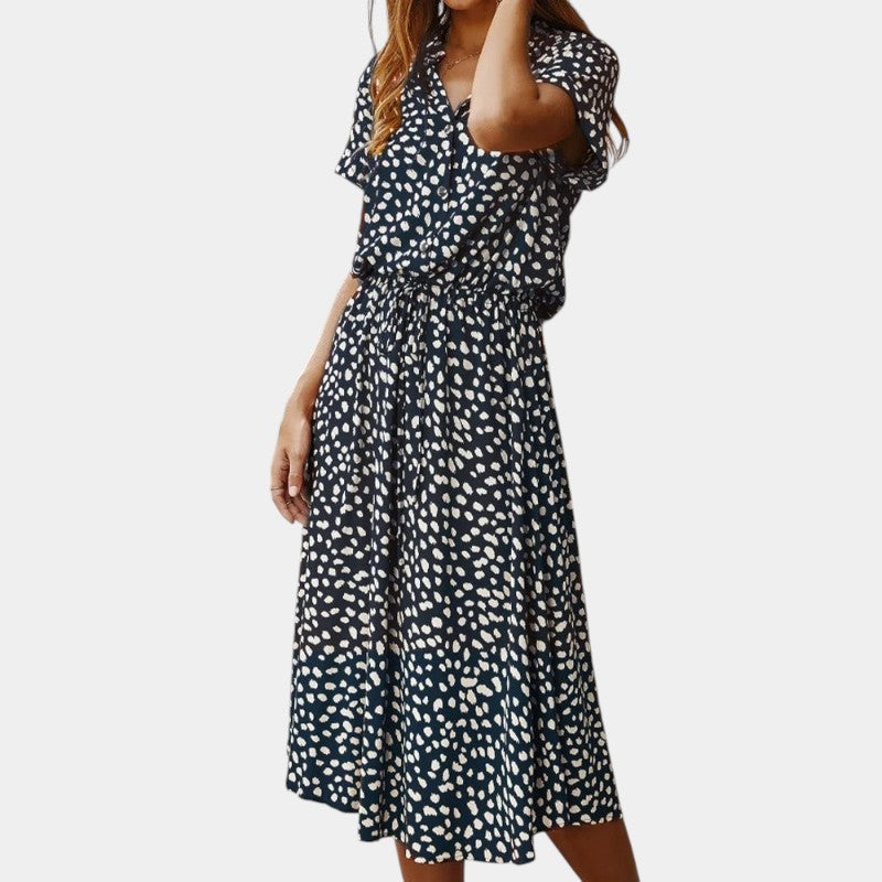 Gleame.-Jurken & Jumpsuits-Gleame Midi-jurk - Relaxed fit met V-hals en stippenpatroon