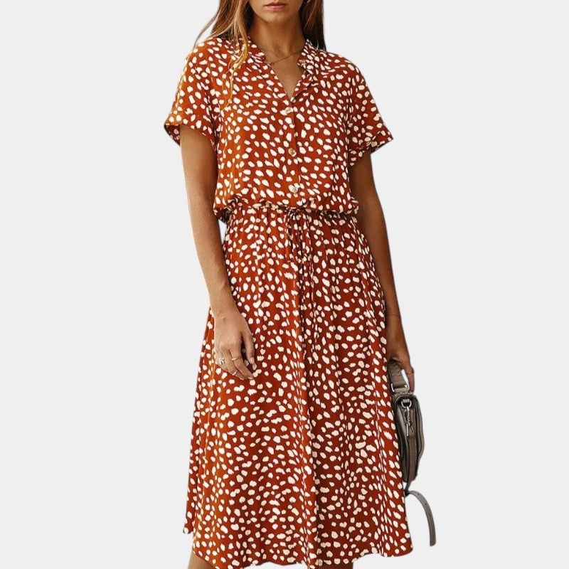 Gleame.-Jurken & Jumpsuits-Gleame Midi-jurk - Relaxed fit met V-hals en stippenpatroon