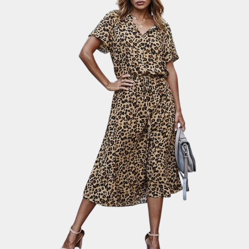 Gleame.-Jurken & Jumpsuits-Gleame Midi-jurk - Relaxed fit met V-hals en stippenpatroon