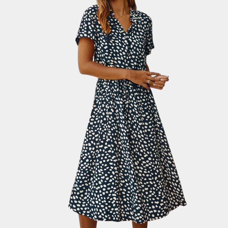 Gleame.-Jurken & Jumpsuits-Gleame Midi-jurk - Relaxed fit met V-hals en stippenpatroon