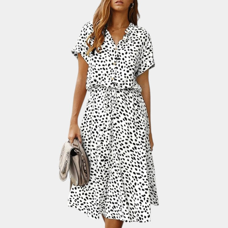 Gleame.-Jurken & Jumpsuits-Gleame Midi-jurk - Relaxed fit met V-hals en stippenpatroon