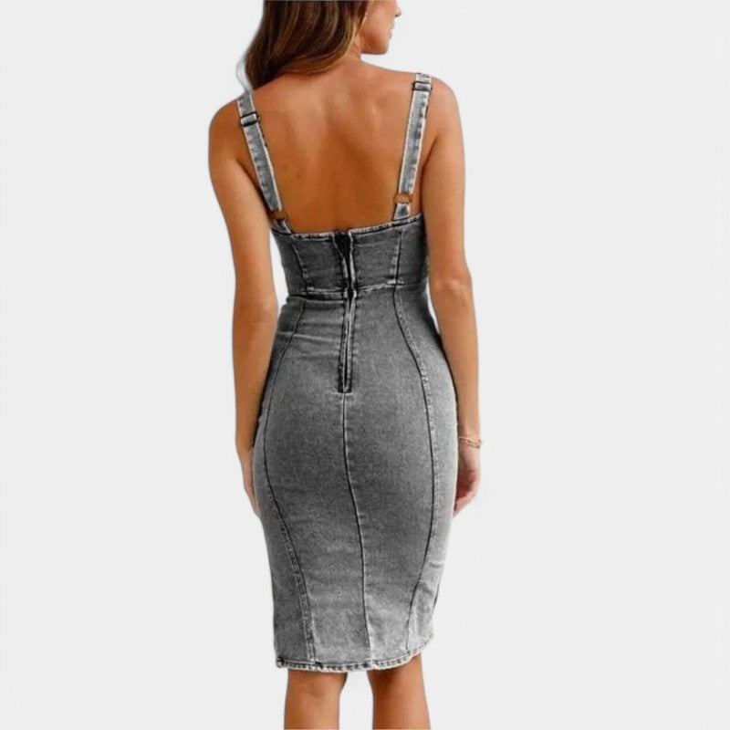 Gleame.-Jurken & Jumpsuits-Gleame Midikleid - Denim dress met verstelbare banden en bodycon fit