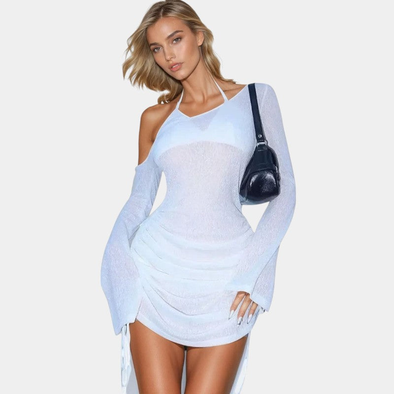 Gleame.-Jurken & Jumpsuits-Gleame Mini jurk - Solid skew collar met ruched straps en lace-up design