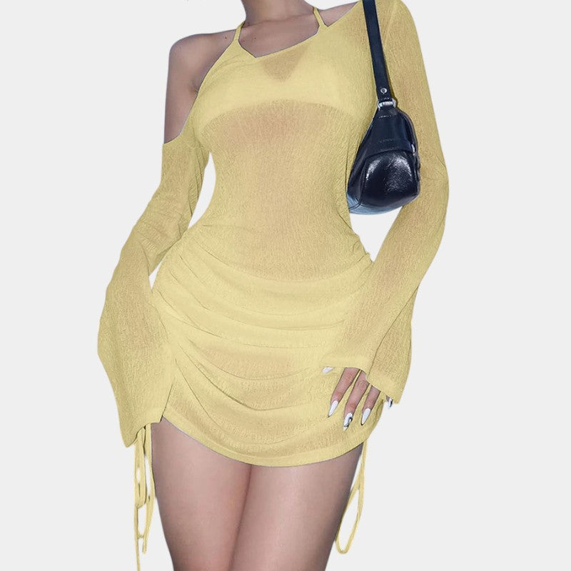 Gleame.-Jurken & Jumpsuits-Gleame Mini jurk - Solid skew collar met ruched straps en lace-up design